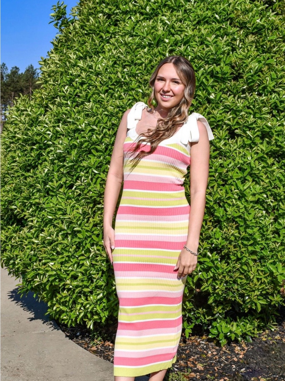 Striped Tie-Shoulder Ribbed Midi Dress in Pink, White & Green